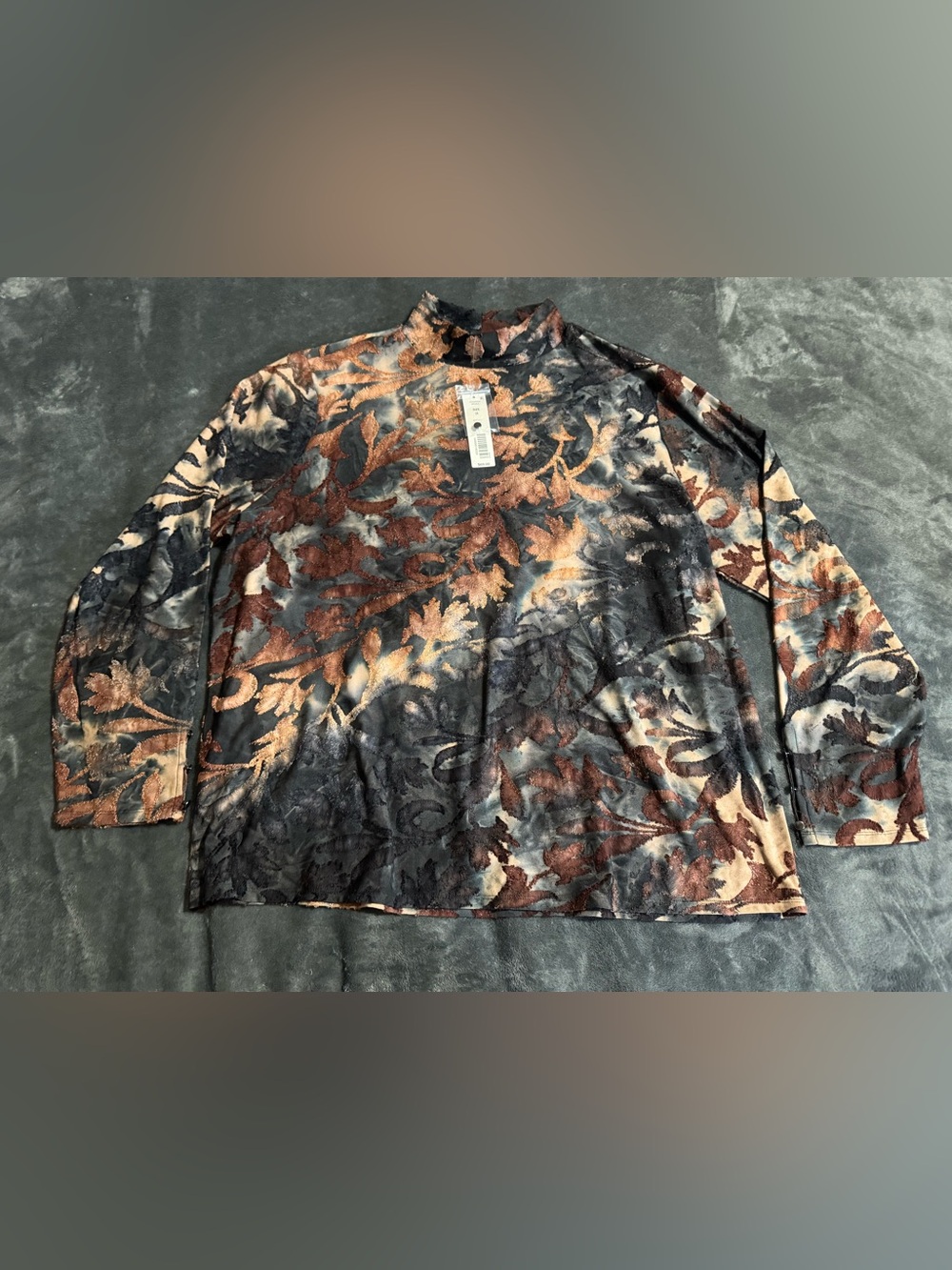 New Investments Women 2X Mock Neck Brown & Black Floral Burnout Long Sleeve